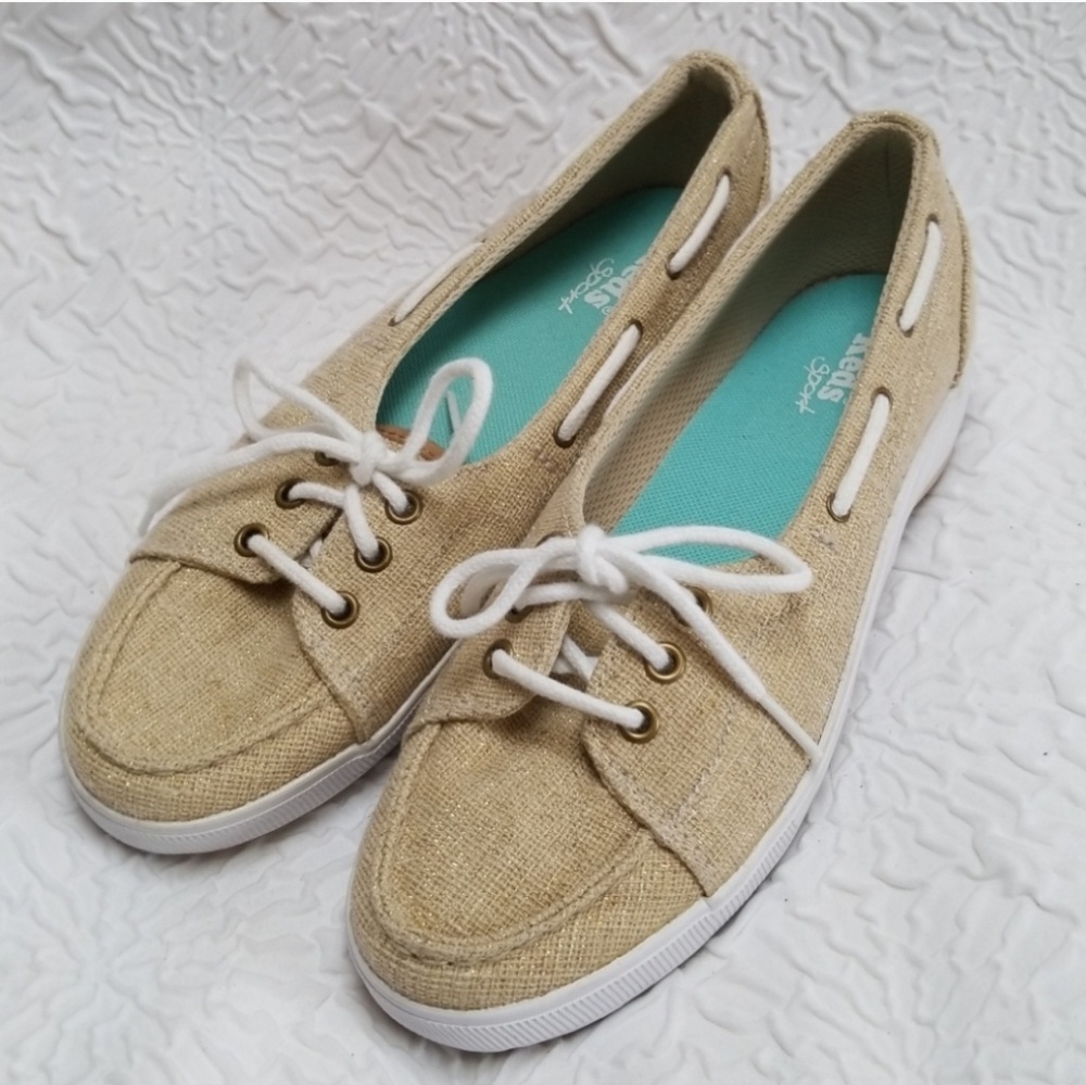 Keds Womens Canvas Shimmer Gold Tan Boat Shoes